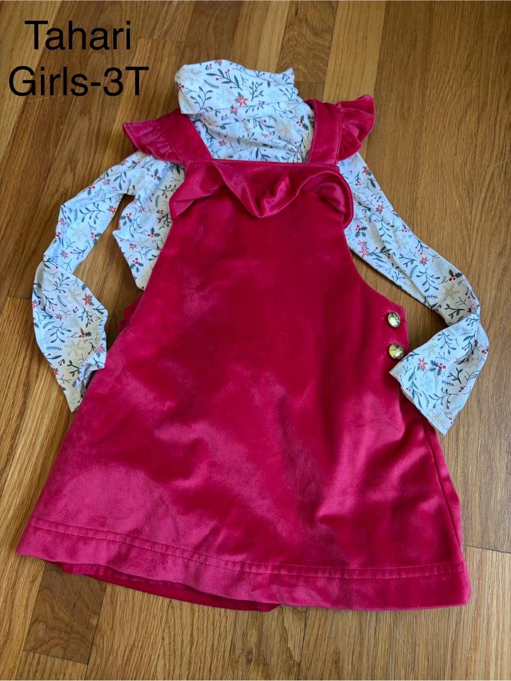 Tahari Girls Velvet Pinafore in Deep red with Gold Buttons